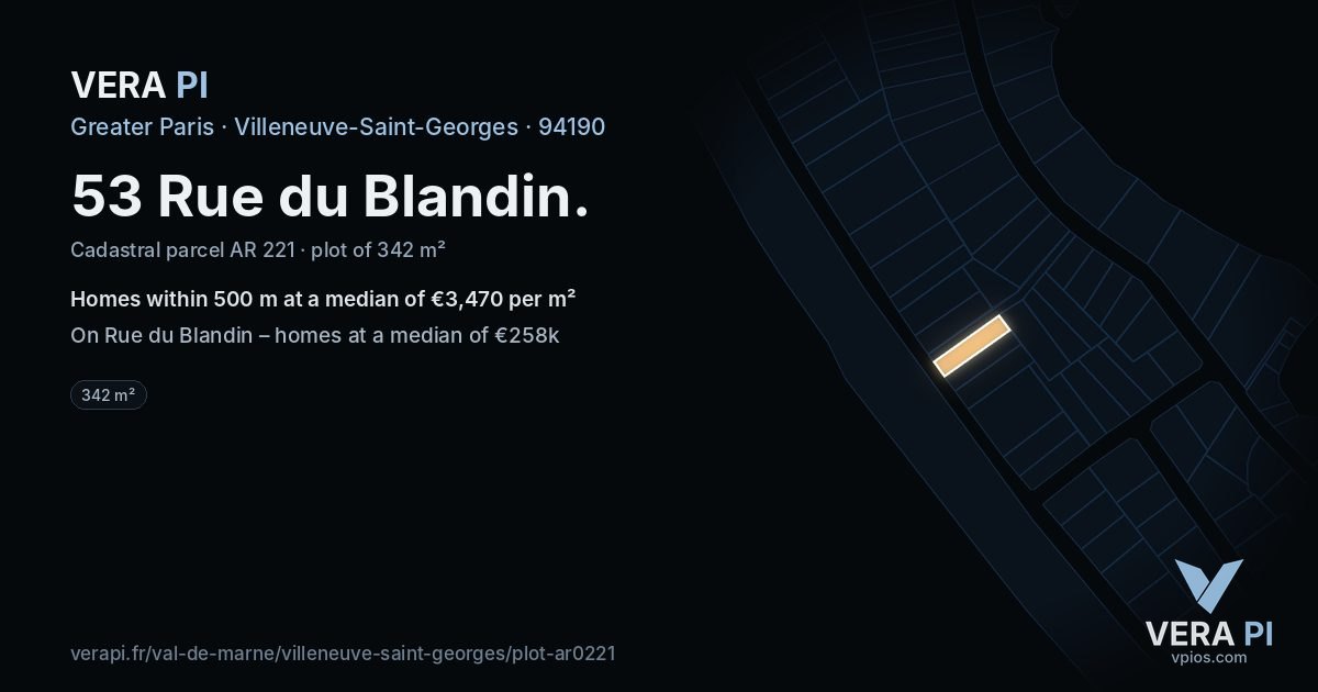 53 Rue du Blandin, Villeneuve-Saint-Georges at night – the plot lit, the parcels around coloured by the prices near them