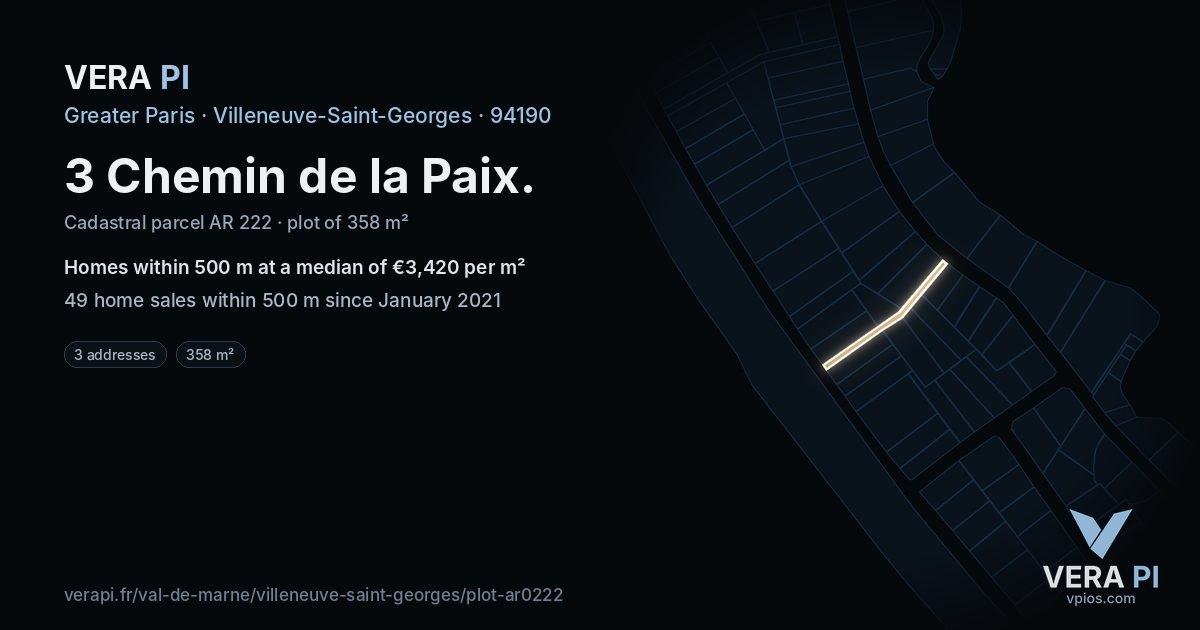 3 Chemin de la Paix, Villeneuve-Saint-Georges at night – the plot lit, the parcels around coloured by the prices near them