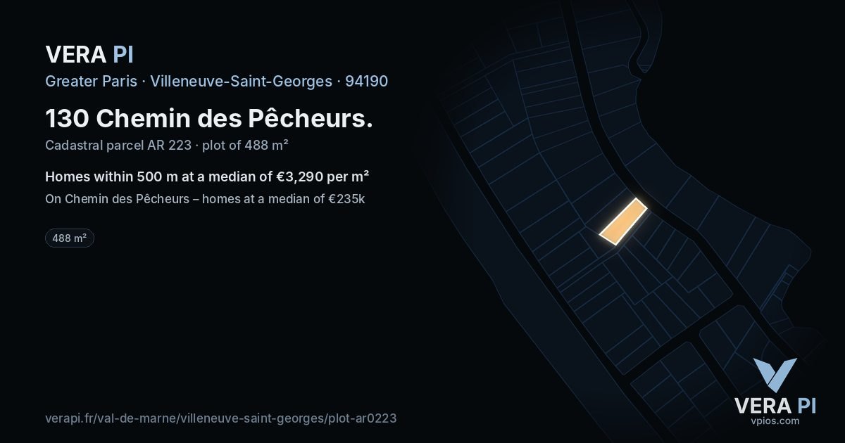 130 Chemin des Pêcheurs, Villeneuve-Saint-Georges at night – the plot lit, the parcels around coloured by the prices near them