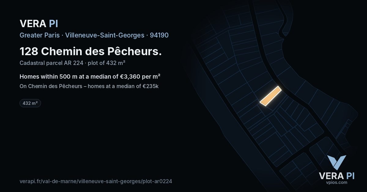 128 Chemin des Pêcheurs, Villeneuve-Saint-Georges at night – the plot lit, the parcels around coloured by the prices near them