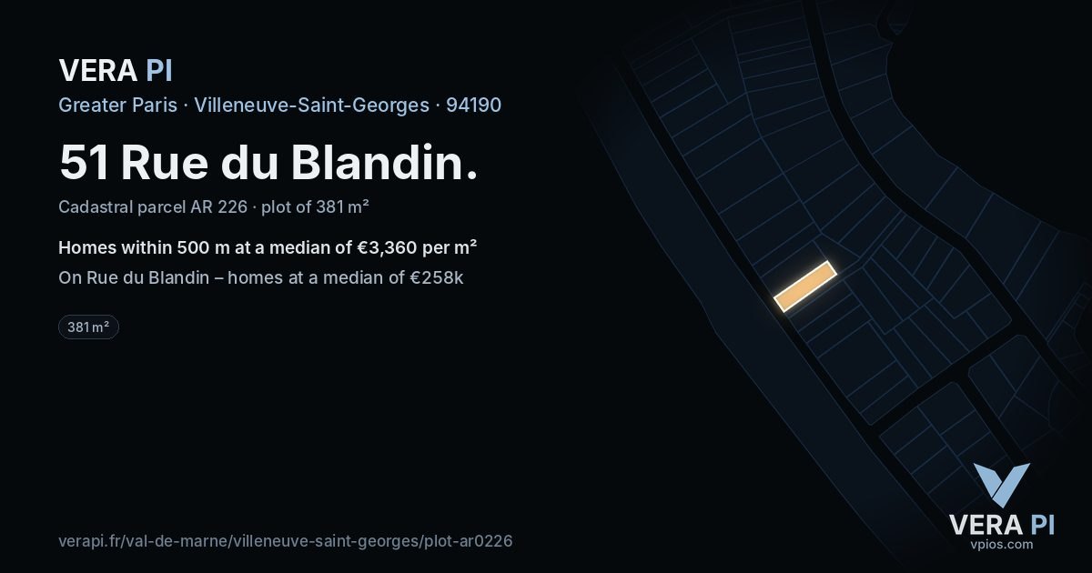 51 Rue du Blandin, Villeneuve-Saint-Georges at night – the plot lit, the parcels around coloured by the prices near them
