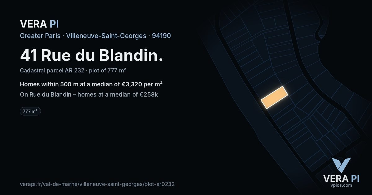 41 Rue du Blandin, Villeneuve-Saint-Georges at night – the plot lit, the parcels around coloured by the prices near them