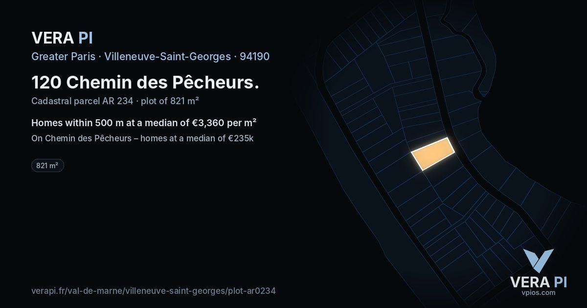 120 Chemin des Pêcheurs, Villeneuve-Saint-Georges at night – the plot lit, the parcels around coloured by the prices near them