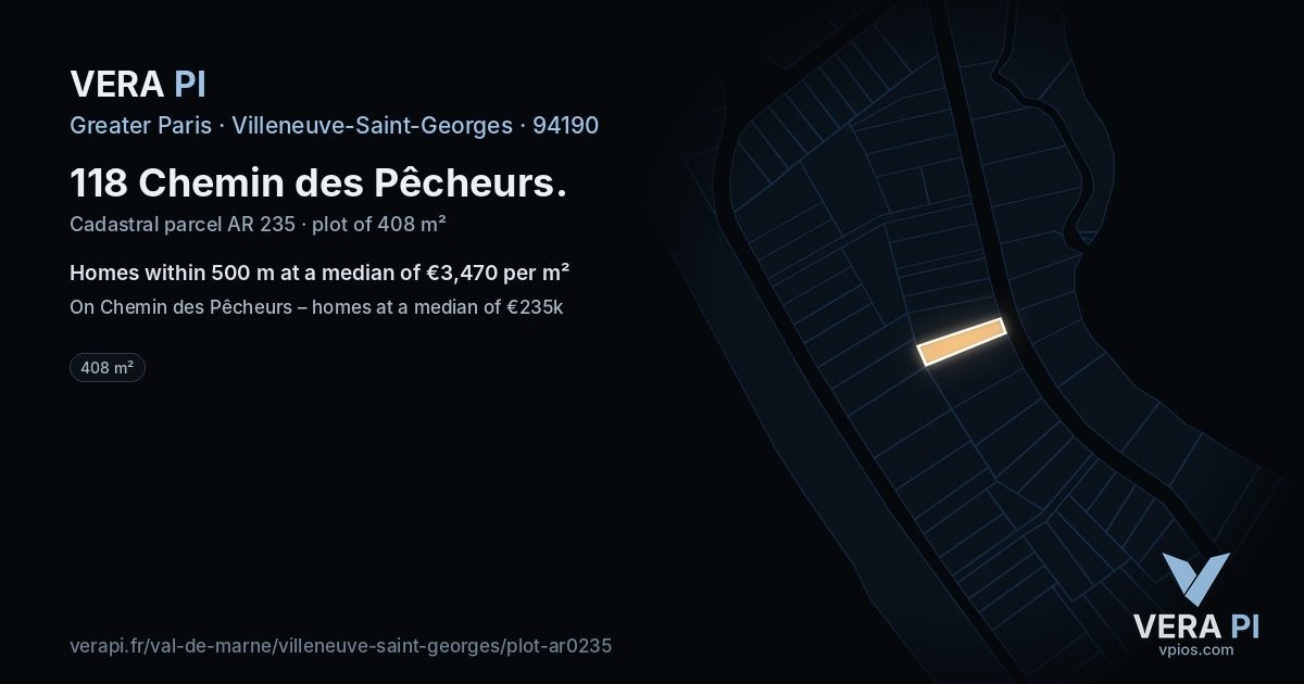 118 Chemin des Pêcheurs, Villeneuve-Saint-Georges at night – the plot lit, the parcels around coloured by the prices near them