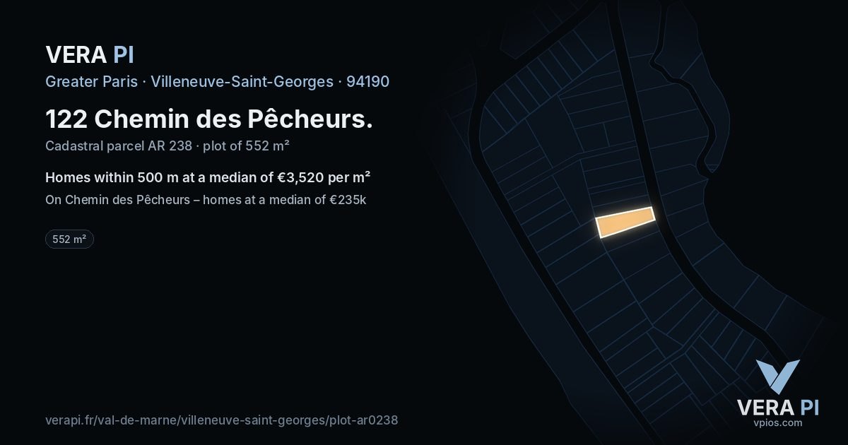 122 Chemin des Pêcheurs, Villeneuve-Saint-Georges at night – the plot lit, the parcels around coloured by the prices near them
