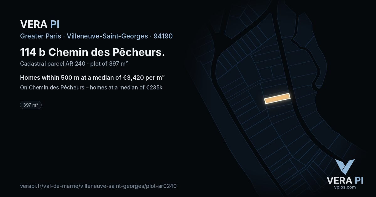 114 b Chemin des Pêcheurs, Villeneuve-Saint-Georges at night – the plot lit, the parcels around coloured by the prices near them