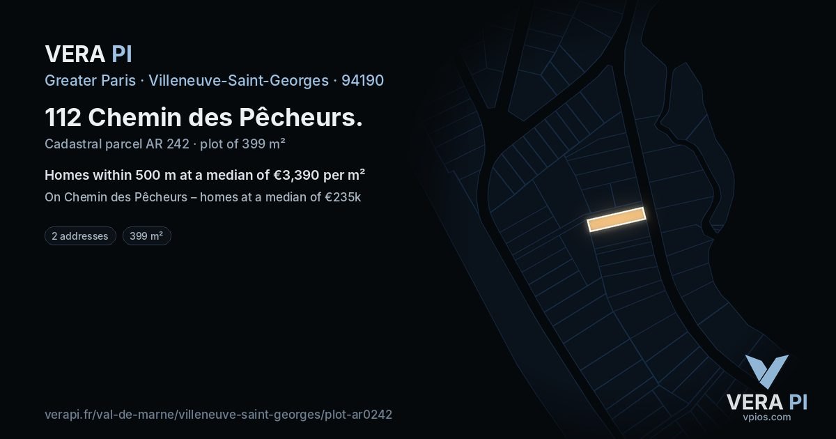 112 Chemin des Pêcheurs, Villeneuve-Saint-Georges at night – the plot lit, the parcels around coloured by the prices near them