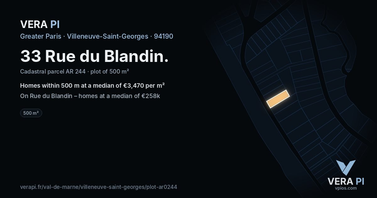 33 Rue du Blandin, Villeneuve-Saint-Georges at night – the plot lit, the parcels around coloured by the prices near them