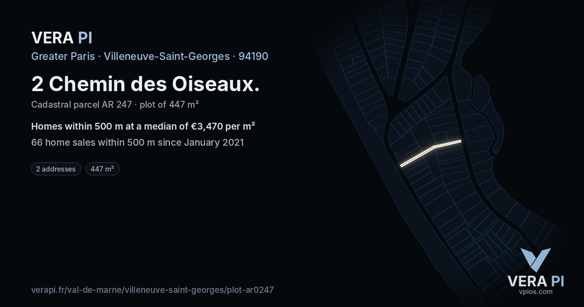 2 Chemin des Oiseaux, Villeneuve-Saint-Georges at night – the plot lit, the parcels around coloured by the prices near them