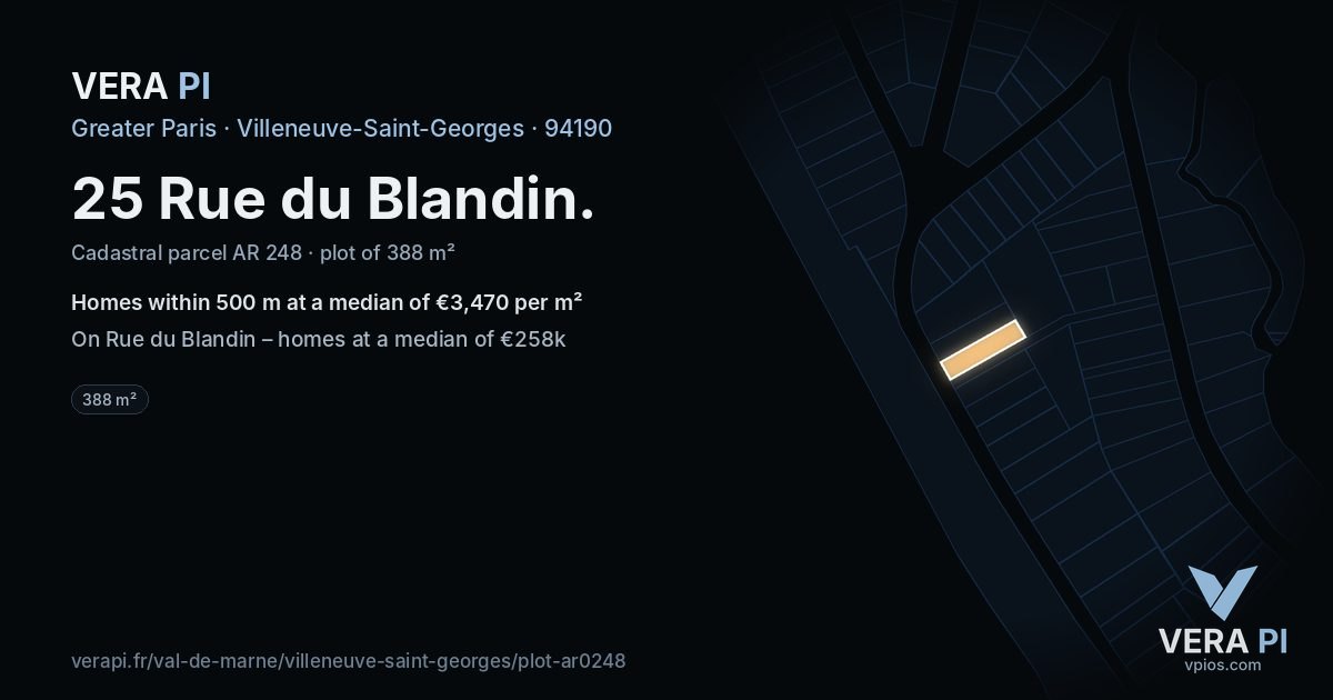 25 Rue du Blandin, Villeneuve-Saint-Georges at night – the plot lit, the parcels around coloured by the prices near them