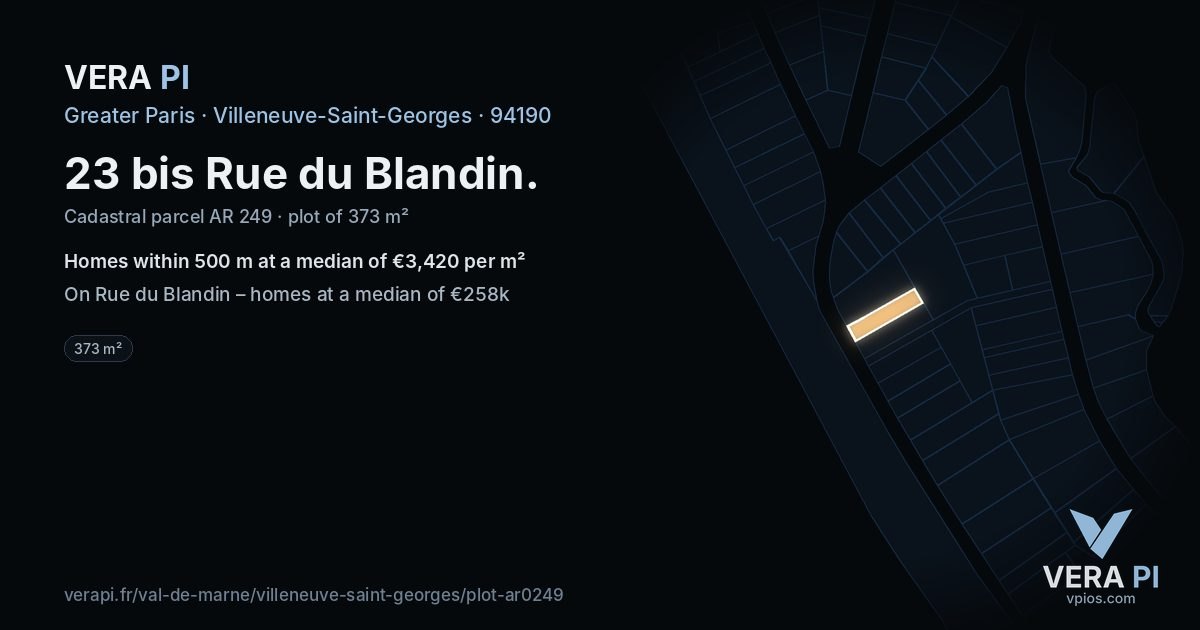 23 bis Rue du Blandin, Villeneuve-Saint-Georges at night – the plot lit, the parcels around coloured by the prices near them