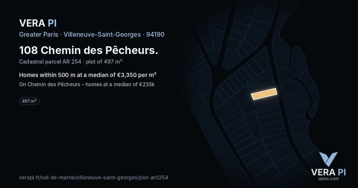 108 Chemin des Pêcheurs, Villeneuve-Saint-Georges at night – the plot lit, the parcels around coloured by the prices near them