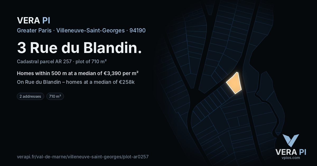 3 Rue du Blandin, Villeneuve-Saint-Georges at night – the plot lit, the parcels around coloured by the prices near them