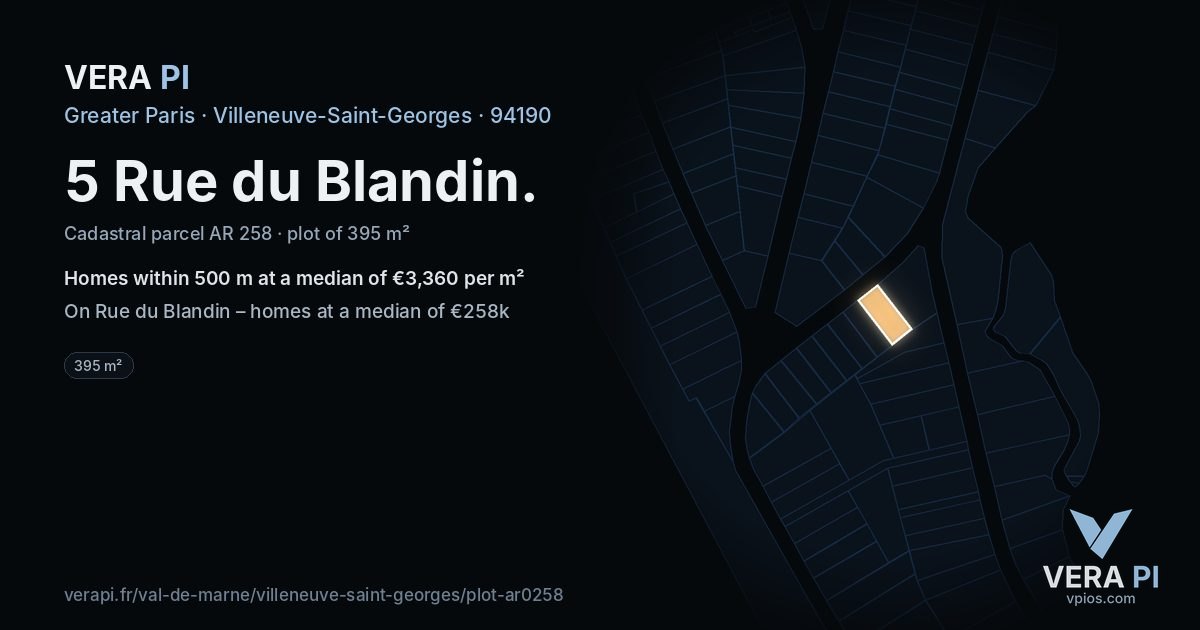 5 Rue du Blandin, Villeneuve-Saint-Georges at night – the plot lit, the parcels around coloured by the prices near them