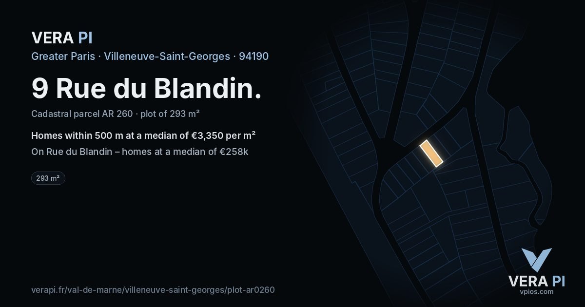 9 Rue du Blandin, Villeneuve-Saint-Georges at night – the plot lit, the parcels around coloured by the prices near them