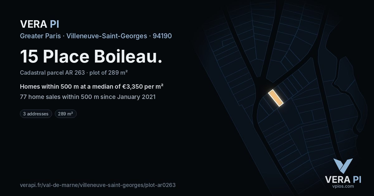15 Place Boileau, Villeneuve-Saint-Georges at night – the plot lit, the parcels around coloured by the prices near them