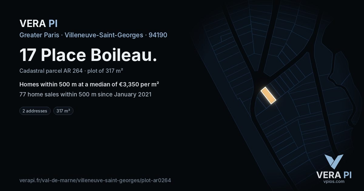 17 Place Boileau, Villeneuve-Saint-Georges at night – the plot lit, the parcels around coloured by the prices near them