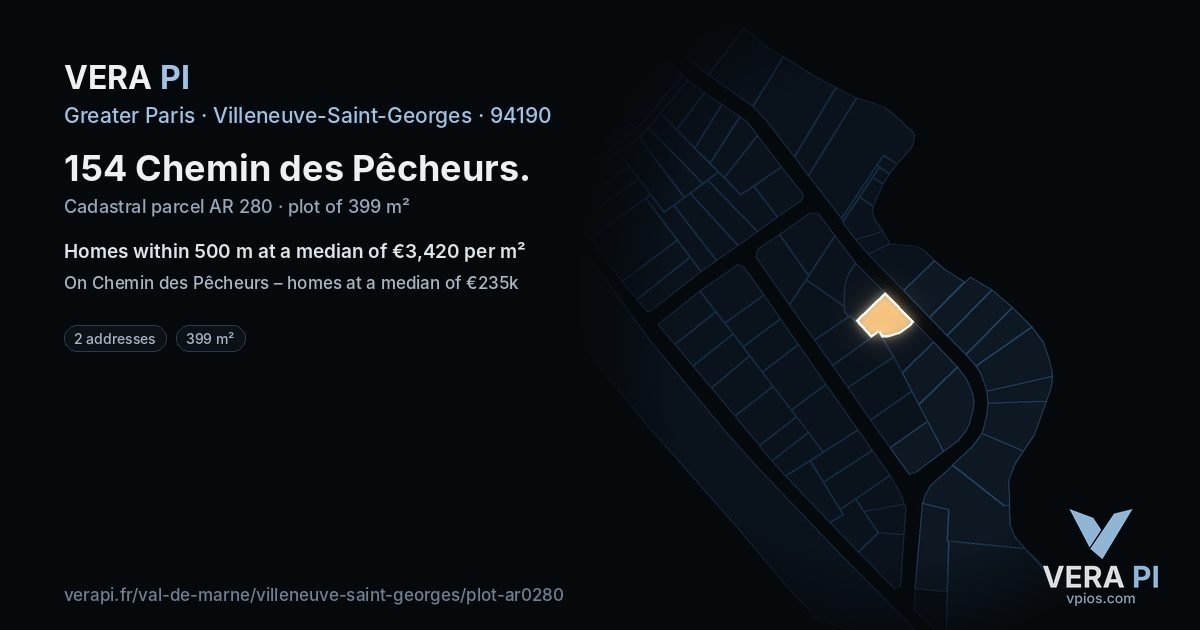 154 Chemin des Pêcheurs, Villeneuve-Saint-Georges at night – the plot lit, the parcels around coloured by the prices near them