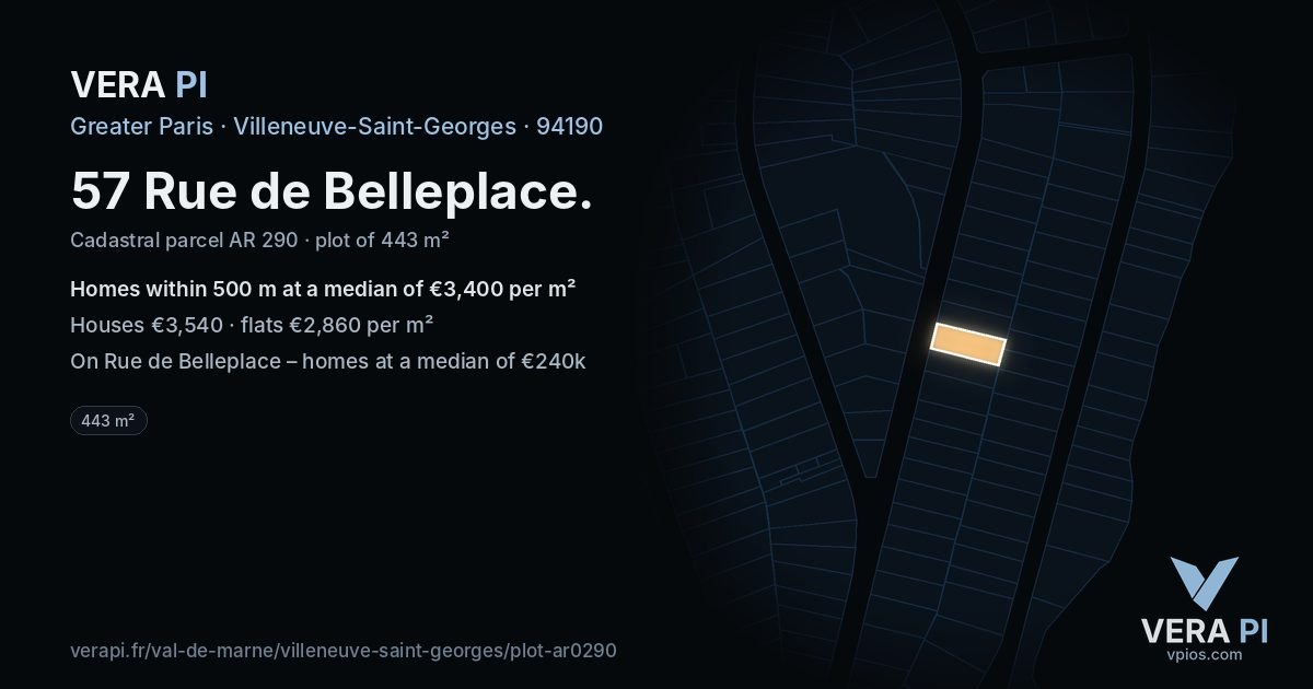 57 Rue de Belleplace, Villeneuve-Saint-Georges at night – the plot lit, the parcels around coloured by the prices near them