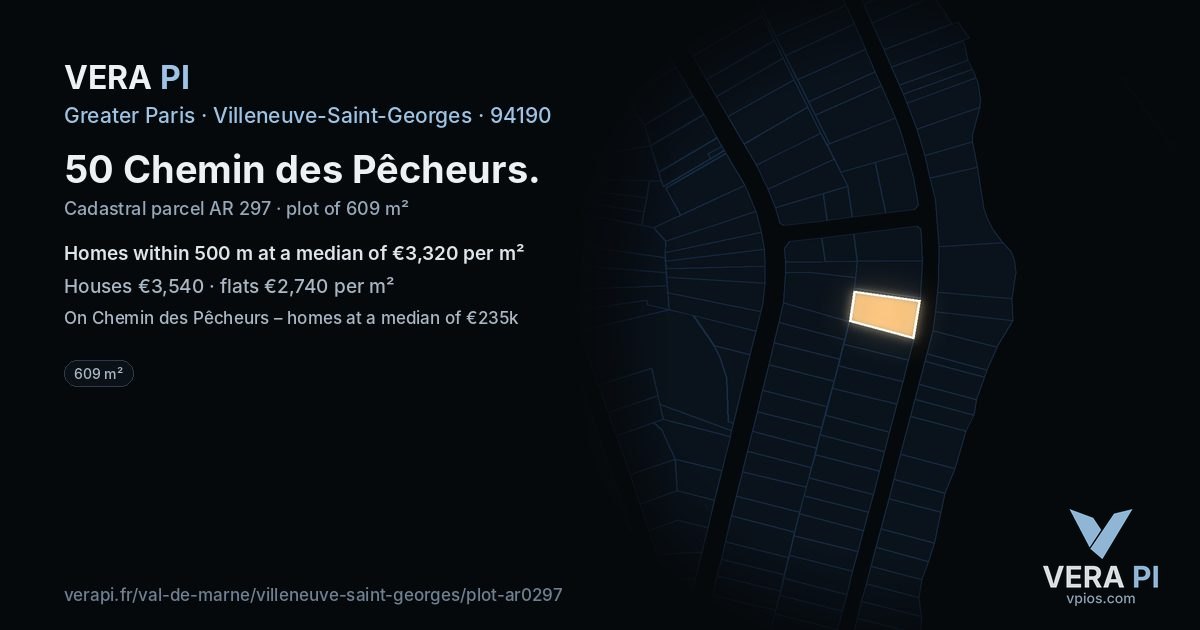 50 Chemin des Pêcheurs, Villeneuve-Saint-Georges at night – the plot lit, the parcels around coloured by the prices near them