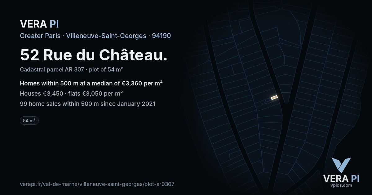 52 Rue du Château, Villeneuve-Saint-Georges at night – the plot lit, the parcels around coloured by the prices near them