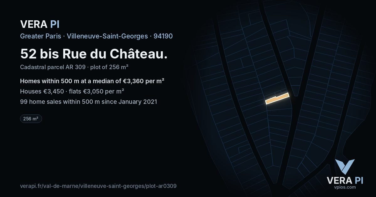 52 bis Rue du Château, Villeneuve-Saint-Georges at night – the plot lit, the parcels around coloured by the prices near them