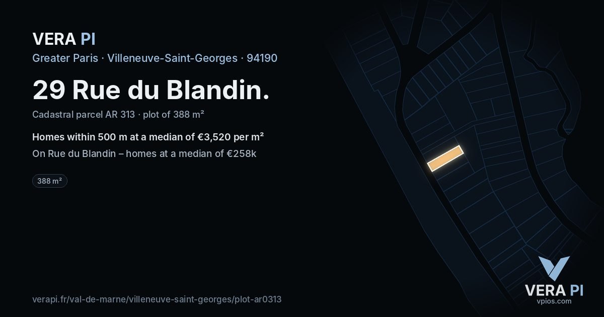 29 Rue du Blandin, Villeneuve-Saint-Georges at night – the plot lit, the parcels around coloured by the prices near them