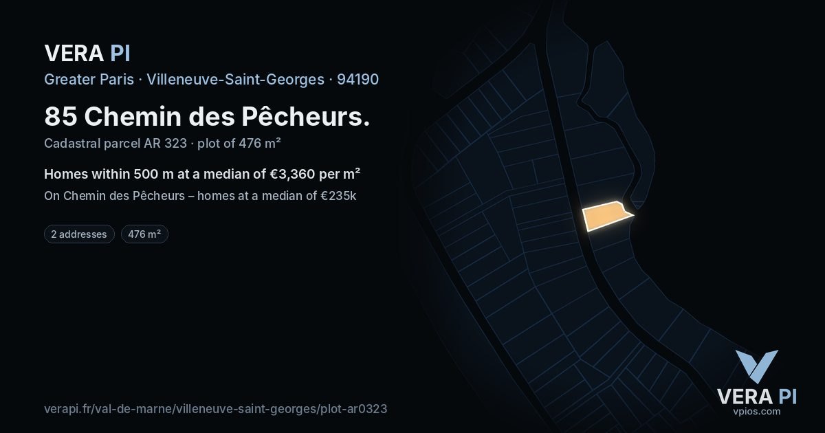 85 Chemin des Pêcheurs, Villeneuve-Saint-Georges at night – the plot lit, the parcels around coloured by the prices near them