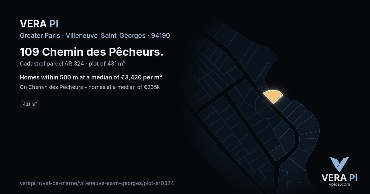 109 Chemin des Pêcheurs, Villeneuve-Saint-Georges at night – the plot lit, the parcels around coloured by the prices near them