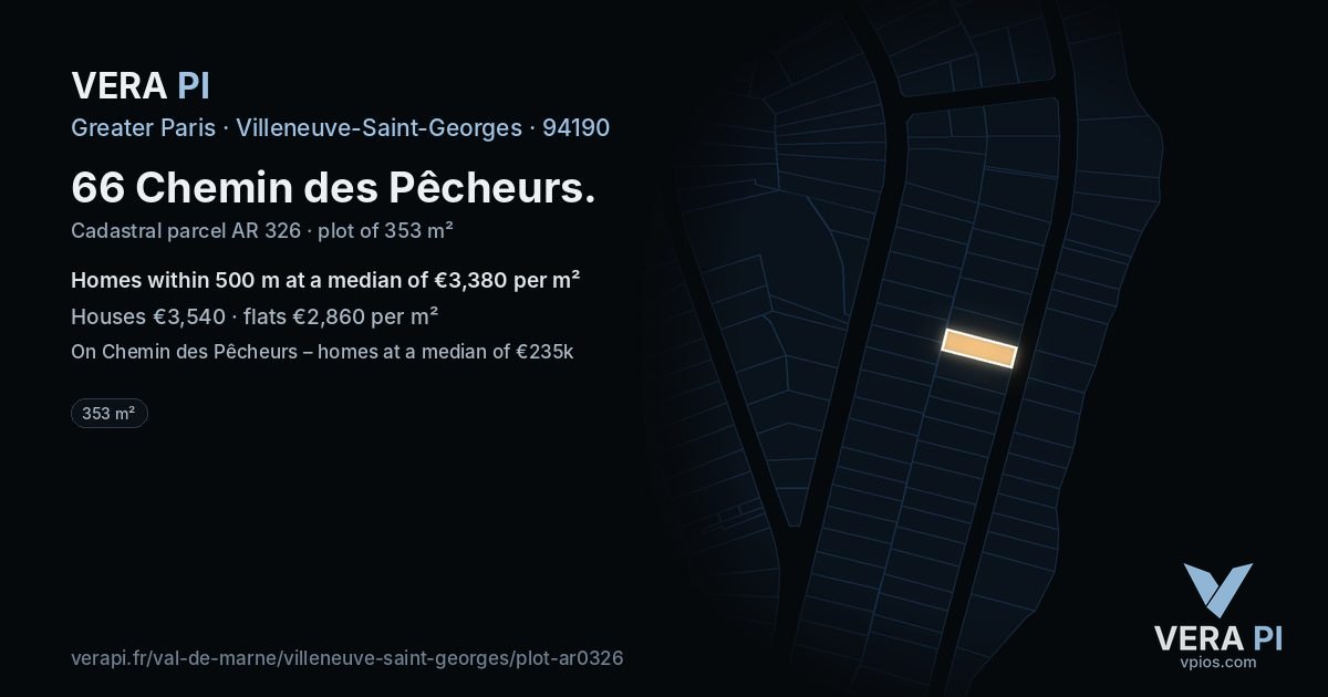 66 Chemin des Pêcheurs, Villeneuve-Saint-Georges at night – the plot lit, the parcels around coloured by the prices near them