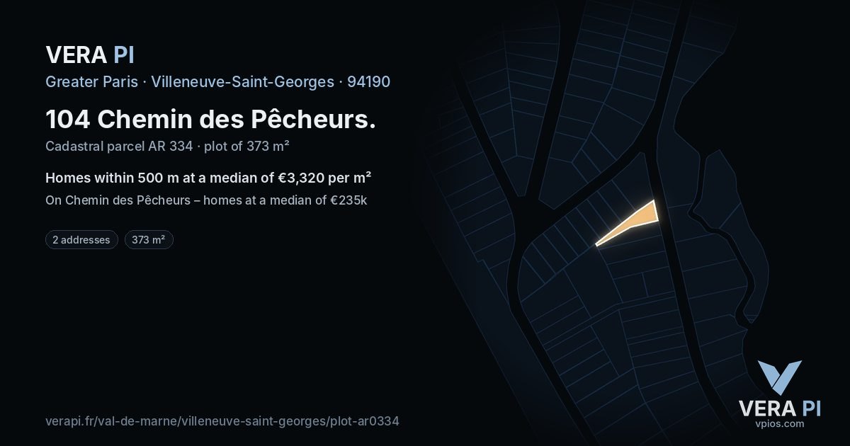 104 Chemin des Pêcheurs, Villeneuve-Saint-Georges at night – the plot lit, the parcels around coloured by the prices near them