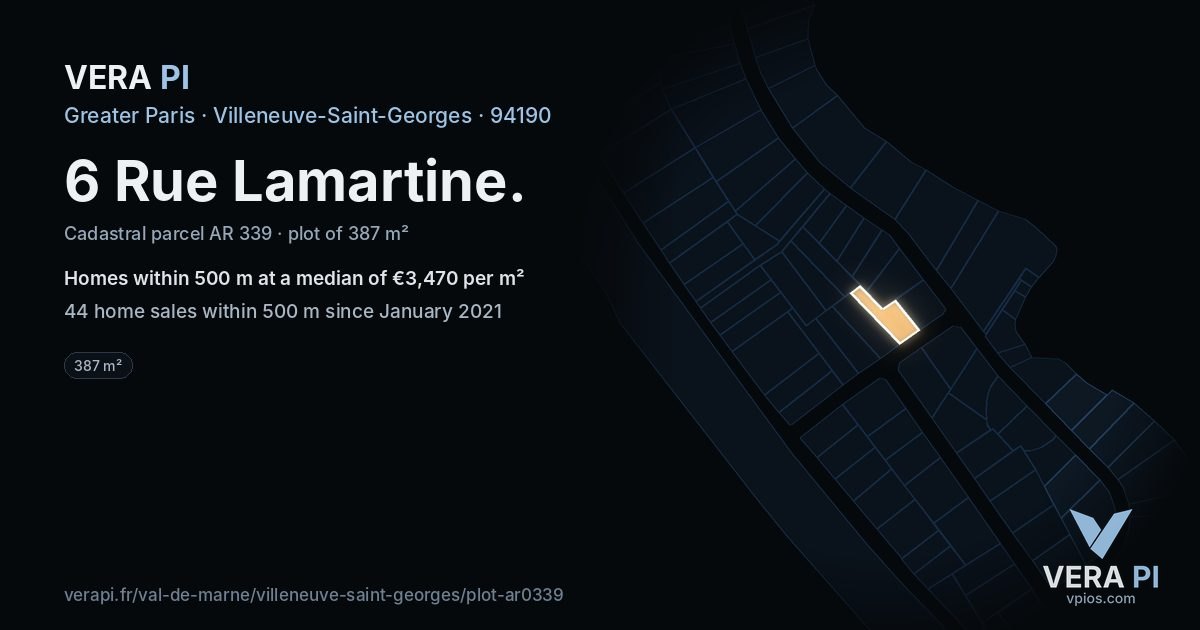 6 Rue Lamartine, Villeneuve-Saint-Georges at night – the plot lit, the parcels around coloured by the prices near them