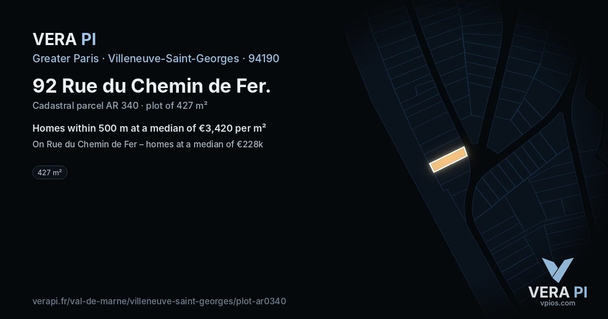 92 Rue du Chemin de Fer, Villeneuve-Saint-Georges at night – the plot lit, the parcels around coloured by the prices near them