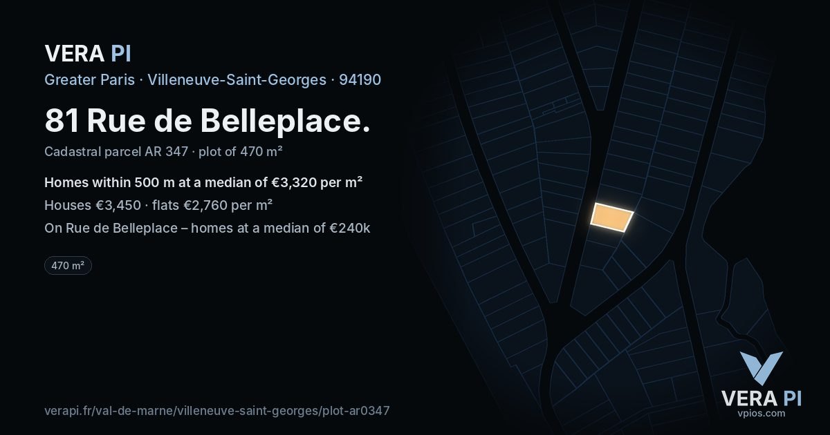 81 Rue de Belleplace, Villeneuve-Saint-Georges at night – the plot lit, the parcels around coloured by the prices near them