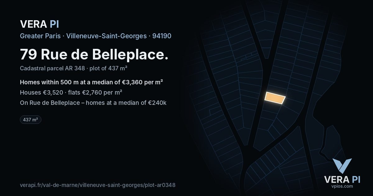 79 Rue de Belleplace, Villeneuve-Saint-Georges at night – the plot lit, the parcels around coloured by the prices near them