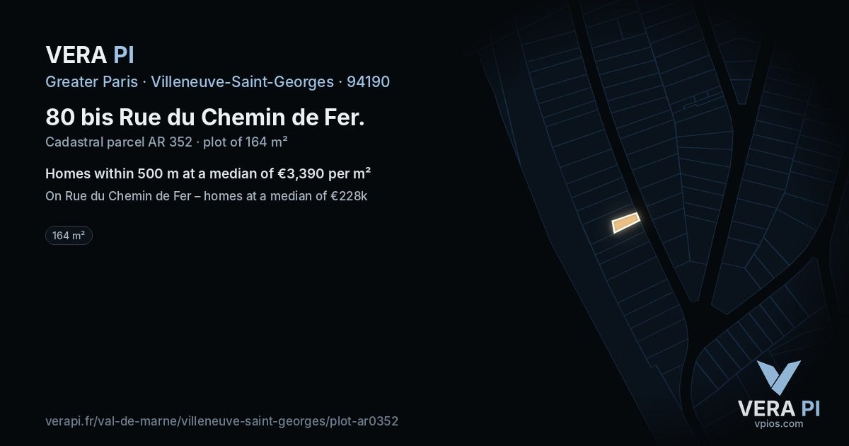 80 bis Rue du Chemin de Fer, Villeneuve-Saint-Georges at night – the plot lit, the parcels around coloured by the prices near them