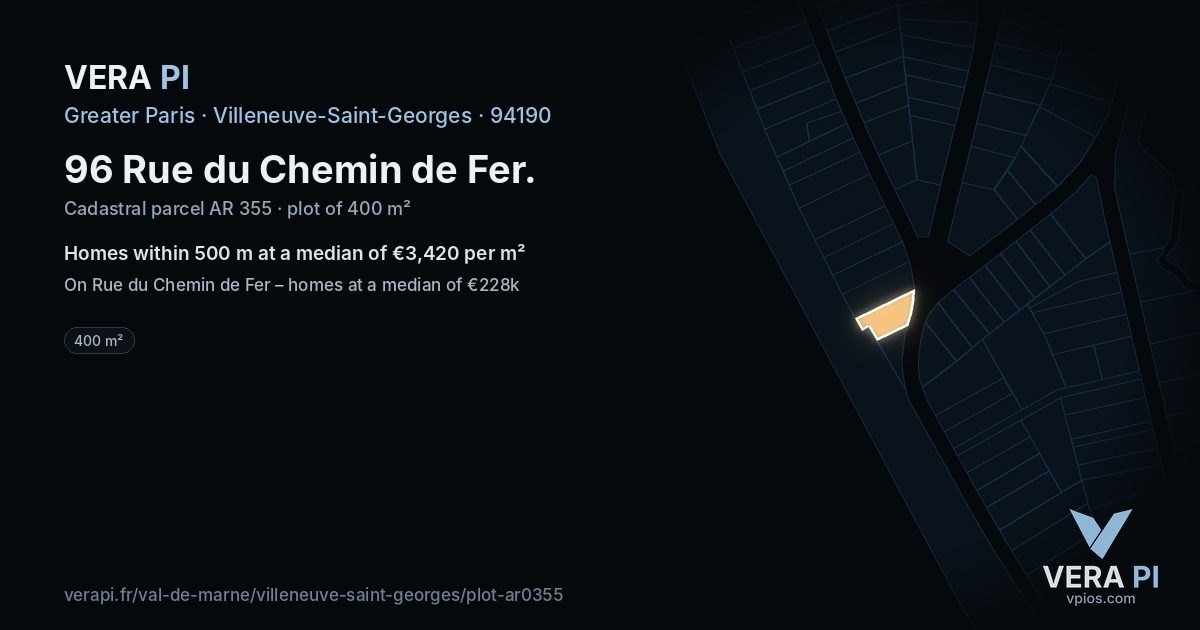 96 Rue du Chemin de Fer, Villeneuve-Saint-Georges at night – the plot lit, the parcels around coloured by the prices near them