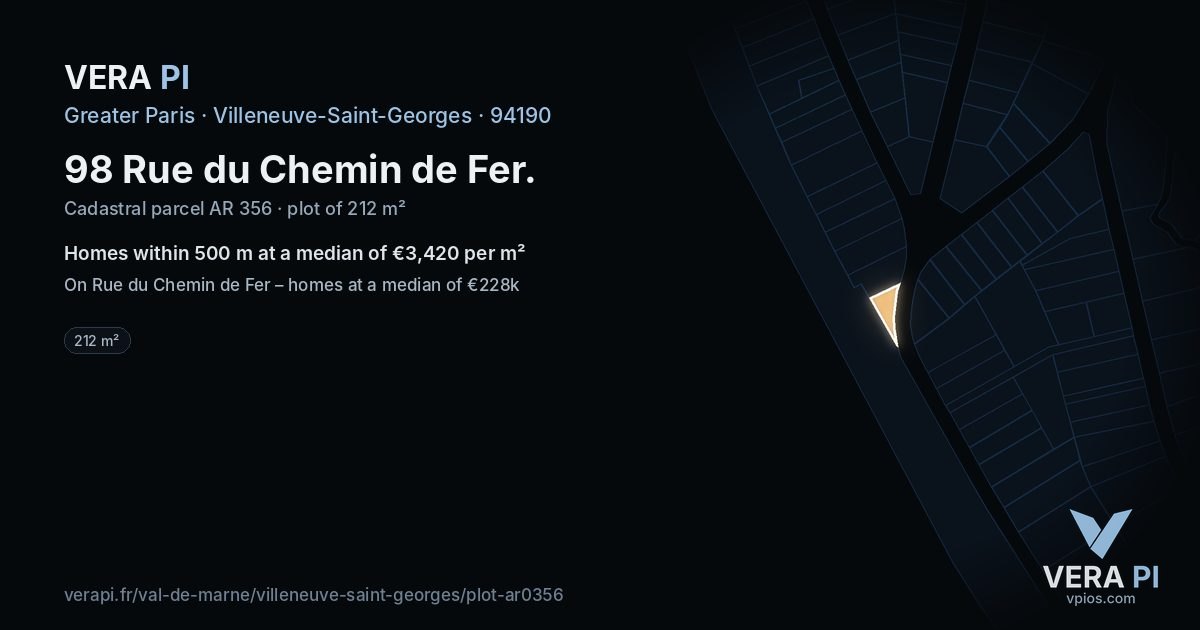 98 Rue du Chemin de Fer, Villeneuve-Saint-Georges at night – the plot lit, the parcels around coloured by the prices near them