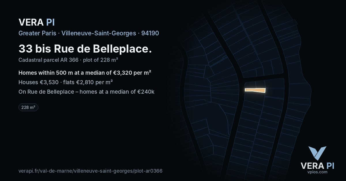 33 bis Rue de Belleplace, Villeneuve-Saint-Georges at night – the plot lit, the parcels around coloured by the prices near them