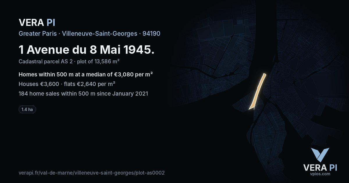 1 Avenue du 8 Mai 1945, Villeneuve-Saint-Georges at night – the plot lit, the parcels around coloured by the prices near them