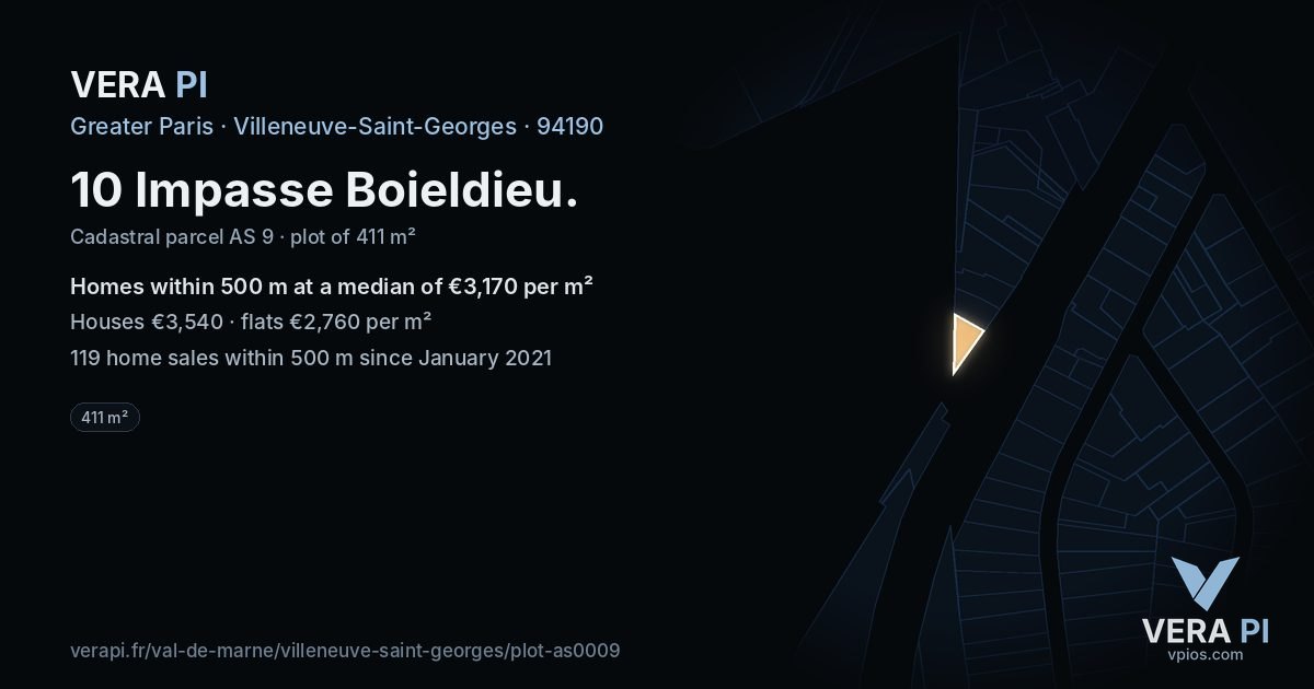 10 Impasse Boieldieu, Villeneuve-Saint-Georges at night – the plot lit, the parcels around coloured by the prices near them