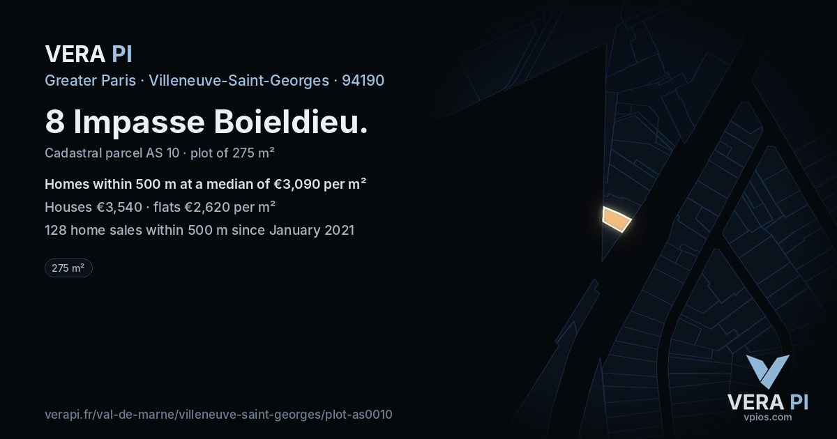 8 Impasse Boieldieu, Villeneuve-Saint-Georges at night – the plot lit, the parcels around coloured by the prices near them