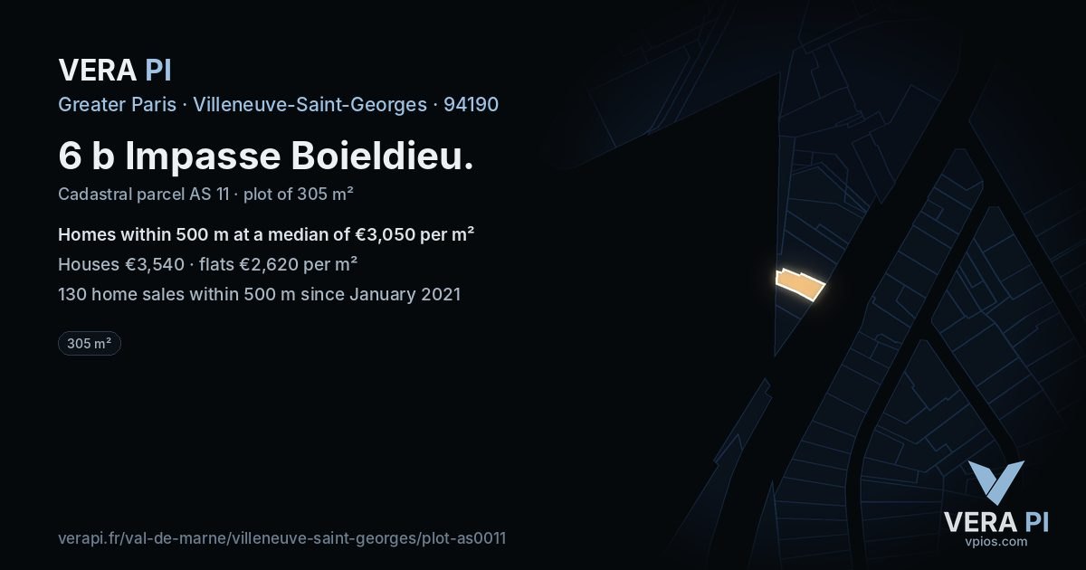 6 b Impasse Boieldieu, Villeneuve-Saint-Georges at night – the plot lit, the parcels around coloured by the prices near them