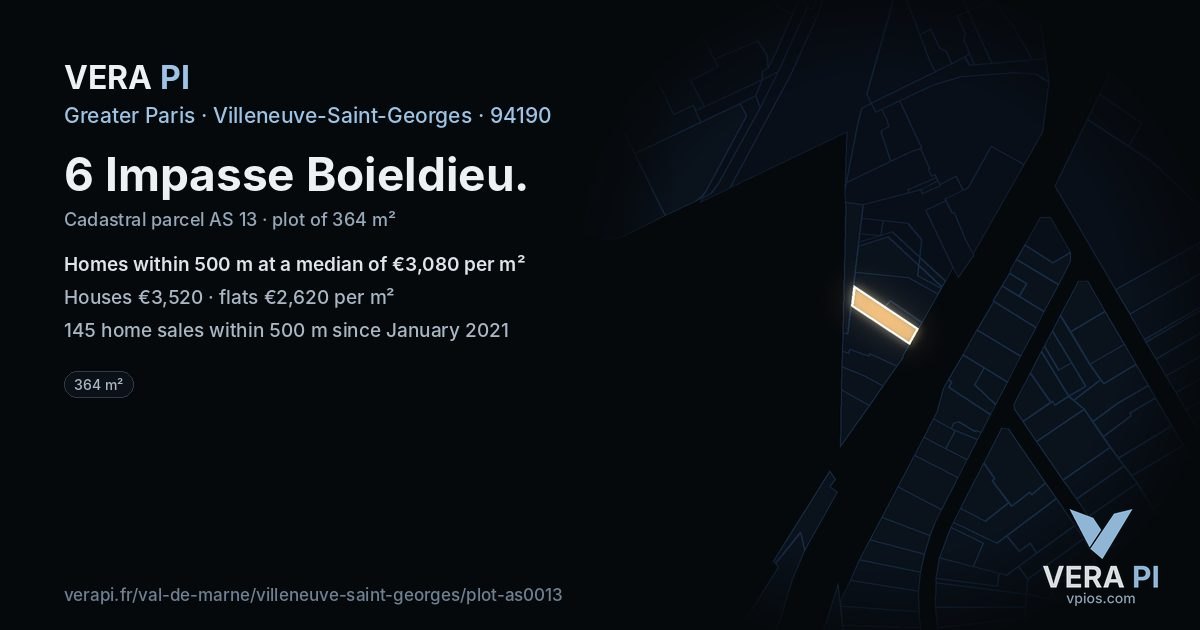 6 Impasse Boieldieu, Villeneuve-Saint-Georges at night – the plot lit, the parcels around coloured by the prices near them