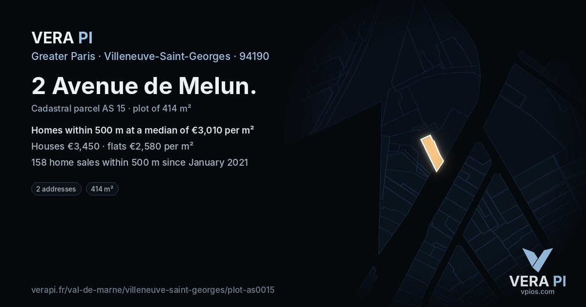 2 Avenue de Melun, Villeneuve-Saint-Georges at night – the plot lit, the parcels around coloured by the prices near them