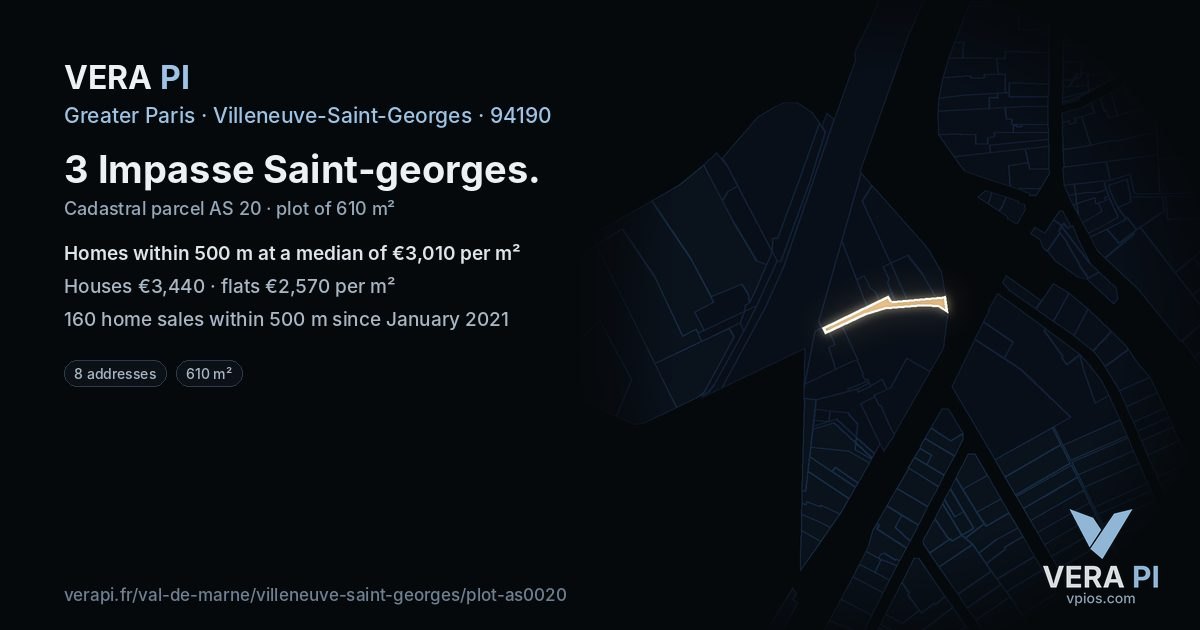 3 Impasse Saint-georges, Villeneuve-Saint-Georges at night – the plot lit, the parcels around coloured by the prices near them