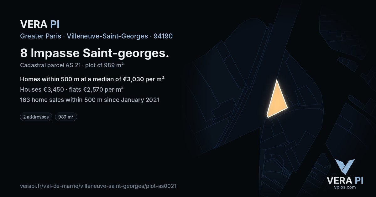 8 Impasse Saint-georges, Villeneuve-Saint-Georges at night – the plot lit, the parcels around coloured by the prices near them
