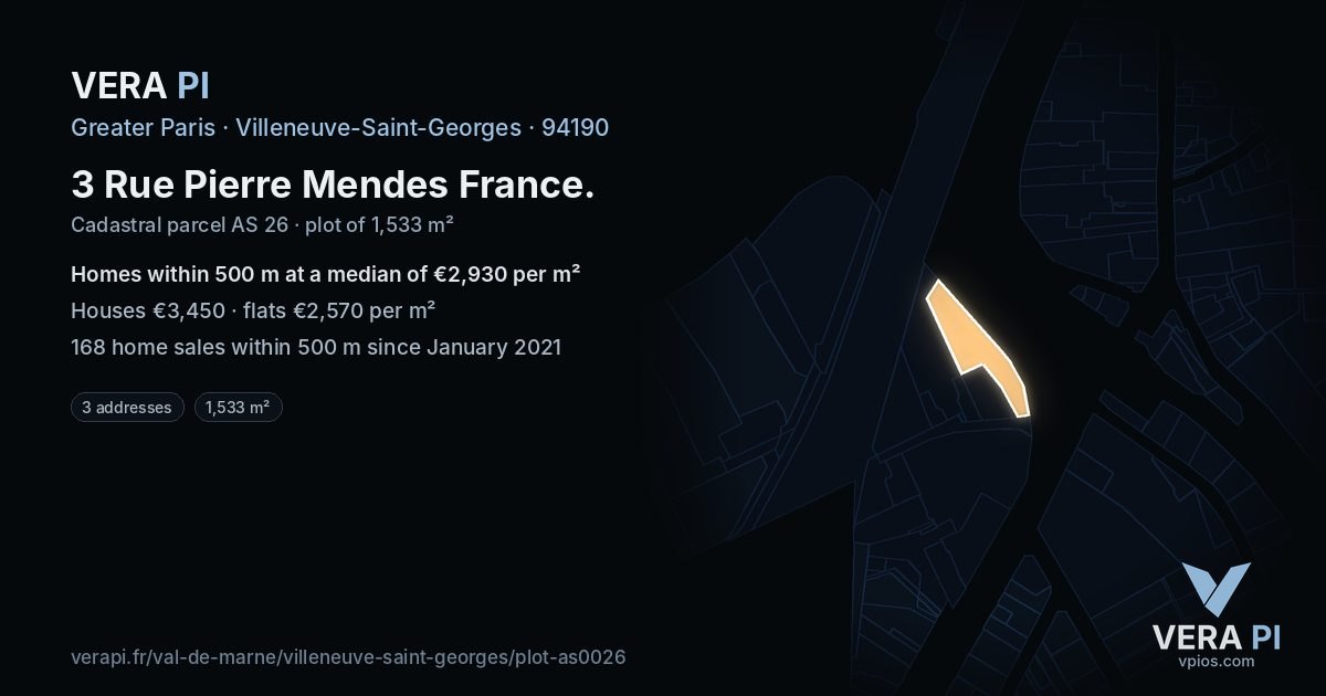 3 Rue Pierre Mendes France, Villeneuve-Saint-Georges at night – the plot lit, the parcels around coloured by the prices near them