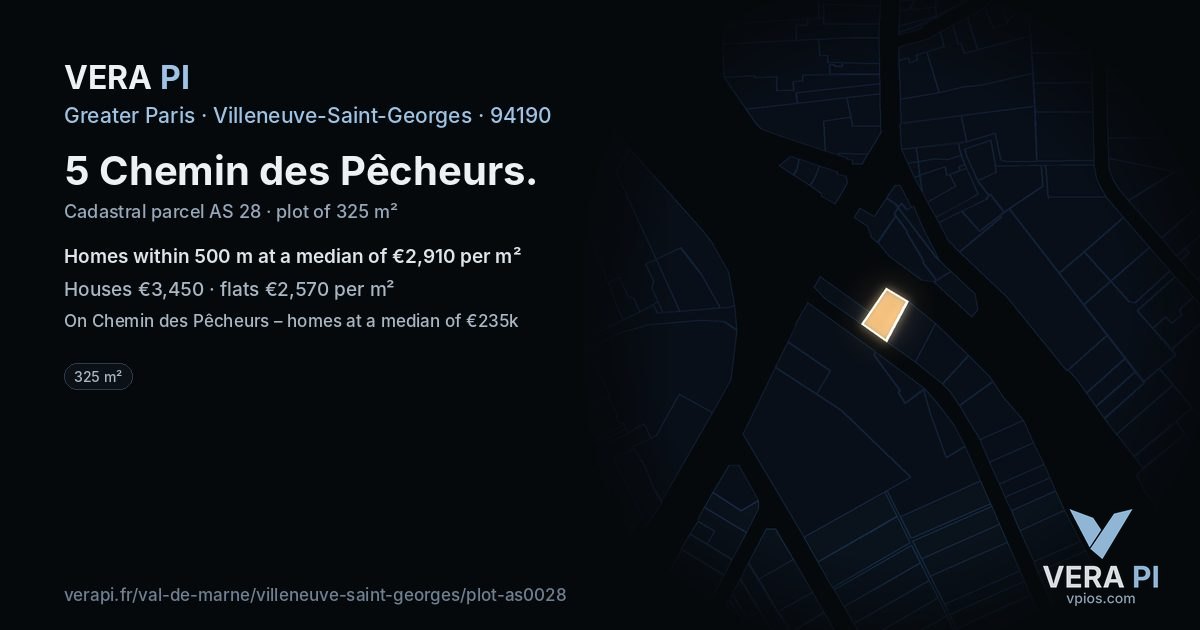 5 Chemin des Pêcheurs, Villeneuve-Saint-Georges at night – the plot lit, the parcels around coloured by the prices near them