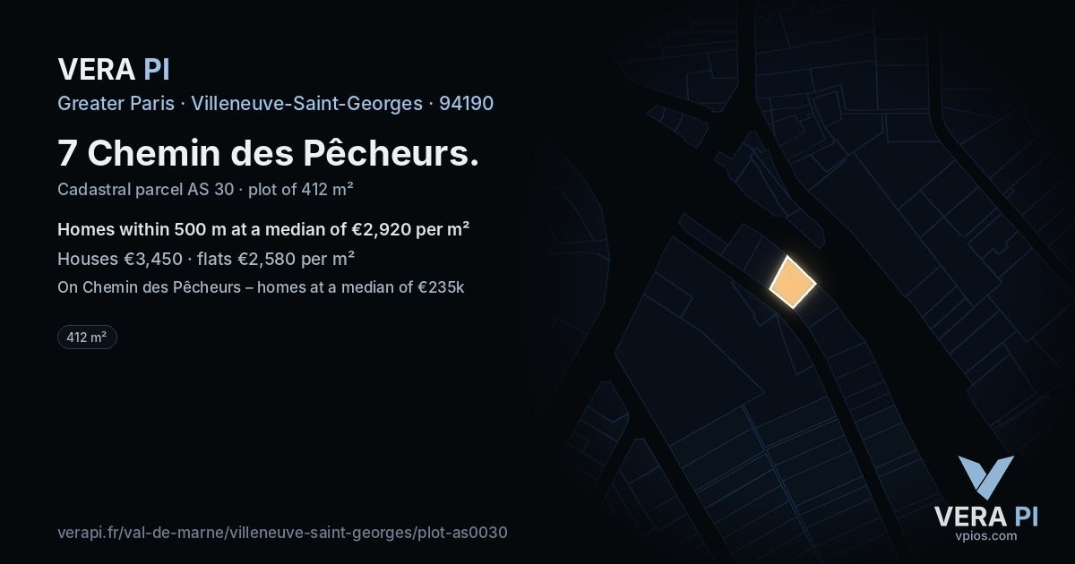 7 Chemin des Pêcheurs, Villeneuve-Saint-Georges at night – the plot lit, the parcels around coloured by the prices near them